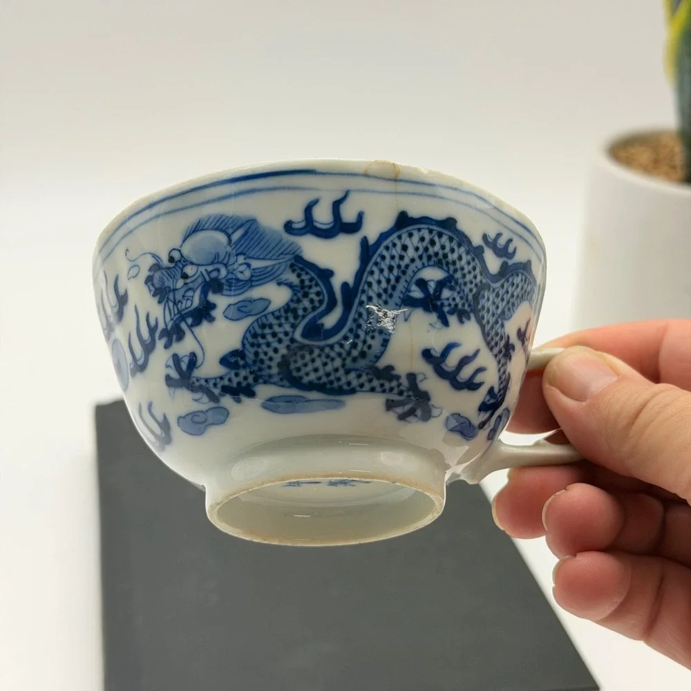 Antique Blue and White Porcelain Dragon Tea Cup Hand Painted Asian Decor